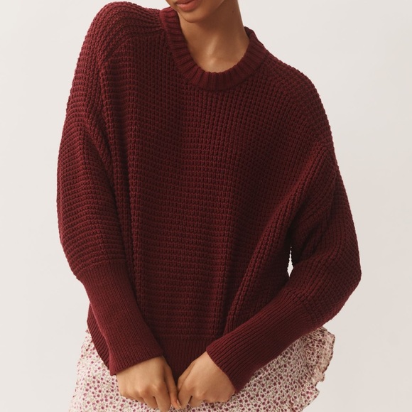 NWT Anthropologie Pilcro Crew-Neck Waffle Sweater in Wine Sz M - Picture 2 of 7